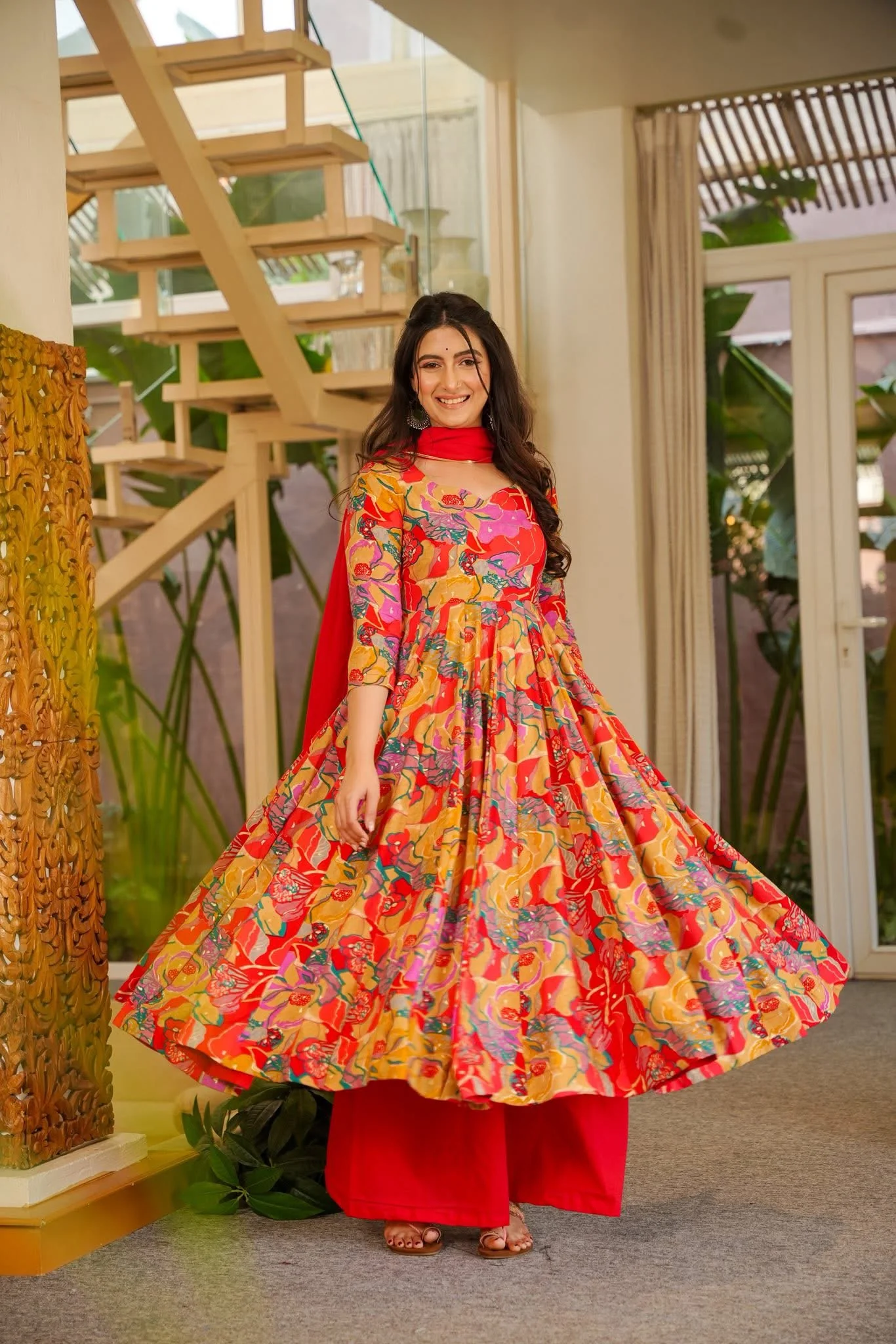 Aditi Red Floral Print Rayon Suit Set