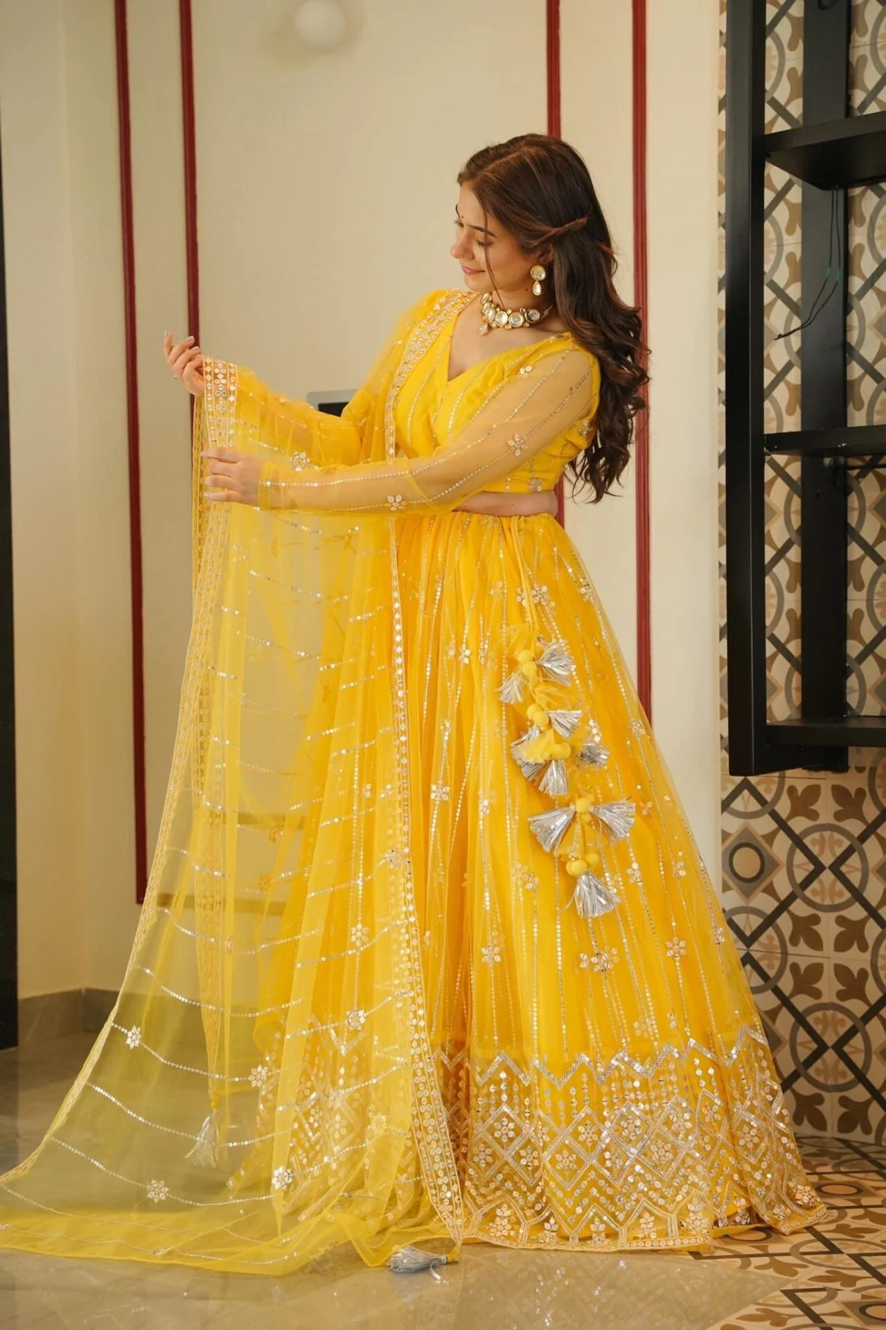 Aisha yellow net lehenga choli set - Image 4