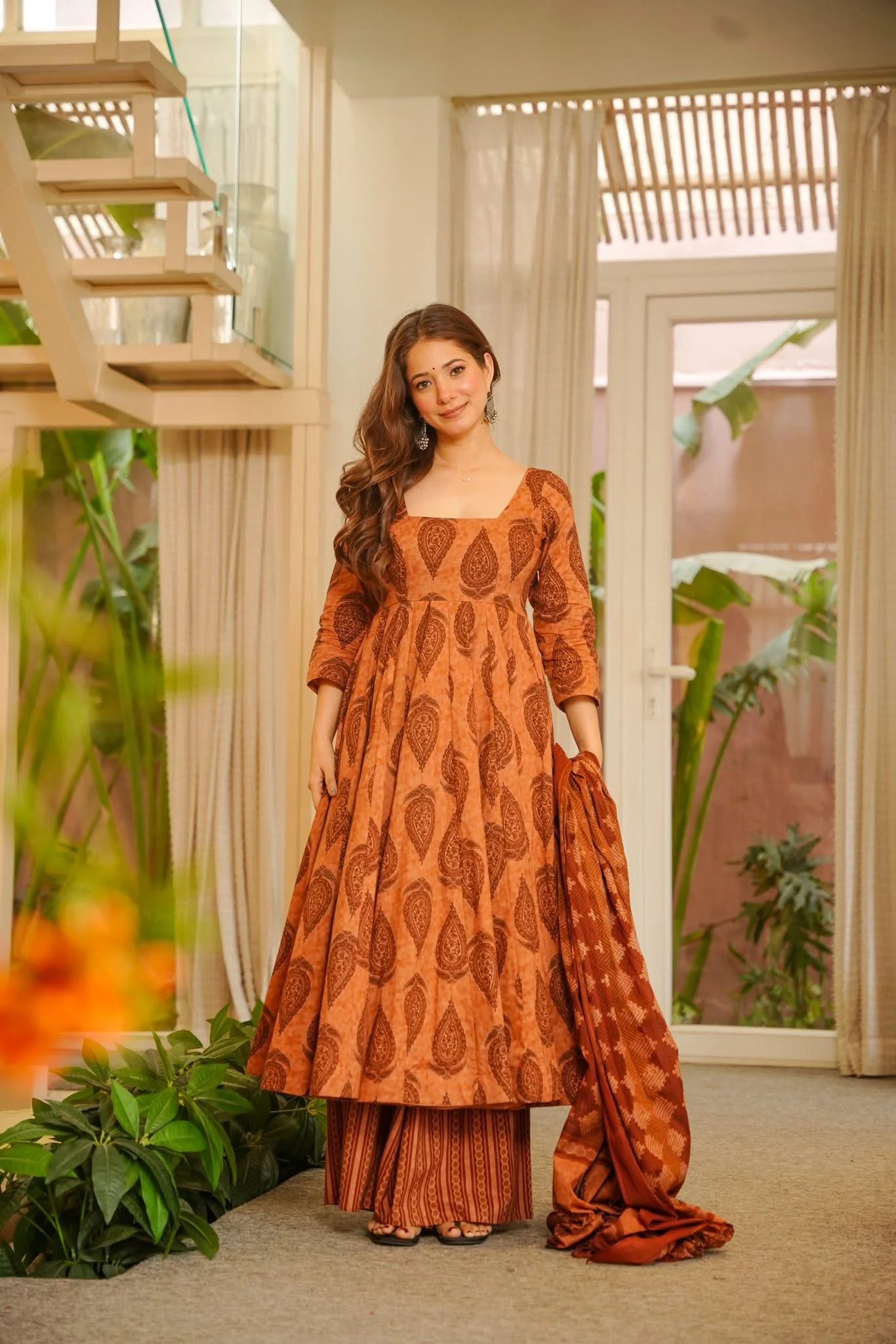 Anvaya Block Printed Cotton Anarkali Suit Set - Image 2