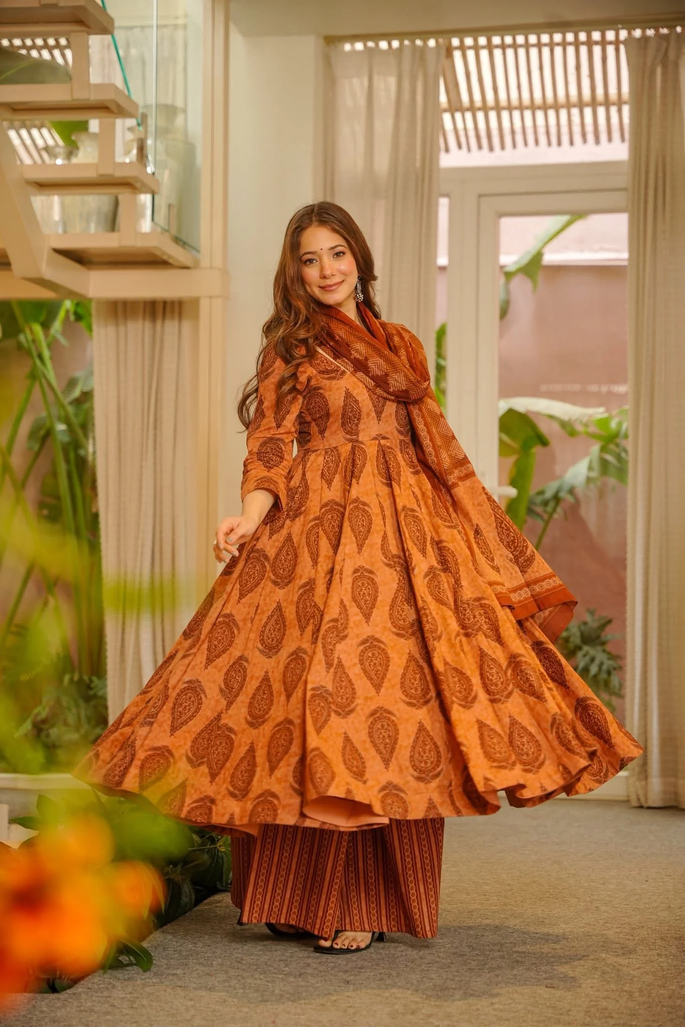 Anvaya Block Printed Cotton Anarkali Suit Set - Image 4