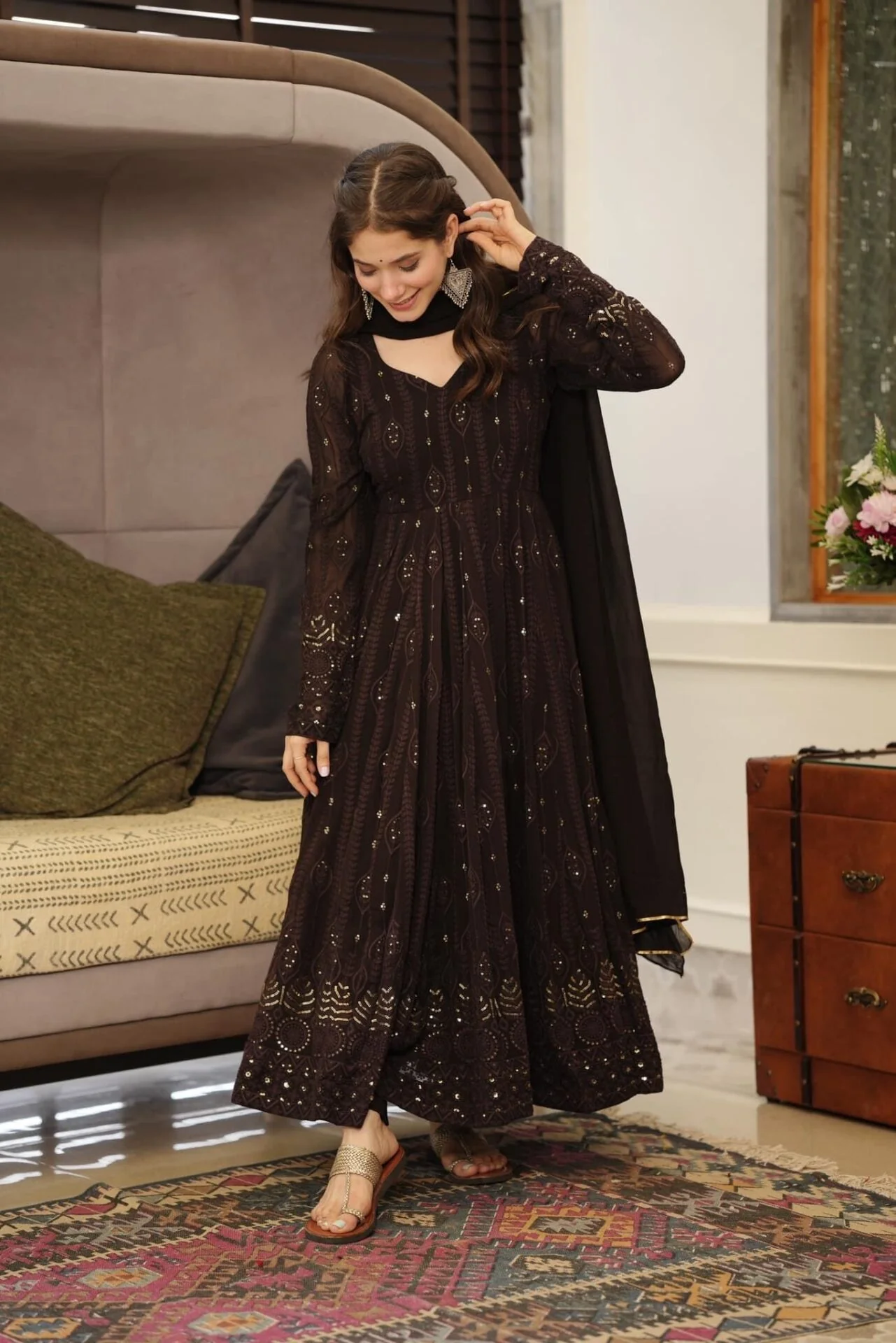 brown embroidered georgette suit set - Image 3