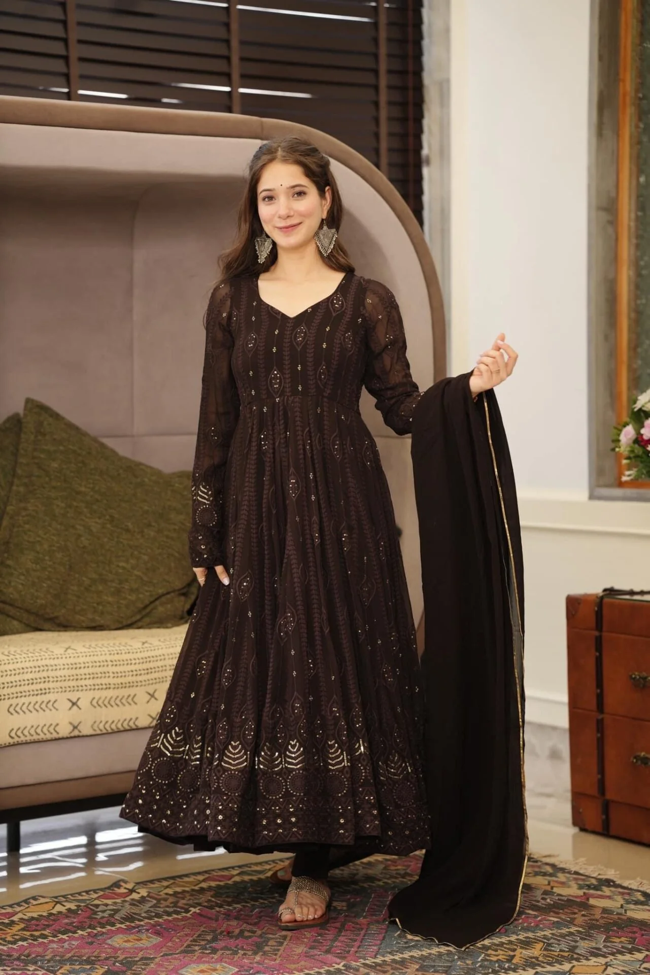 brown embroidered georgette suit set - Image 4