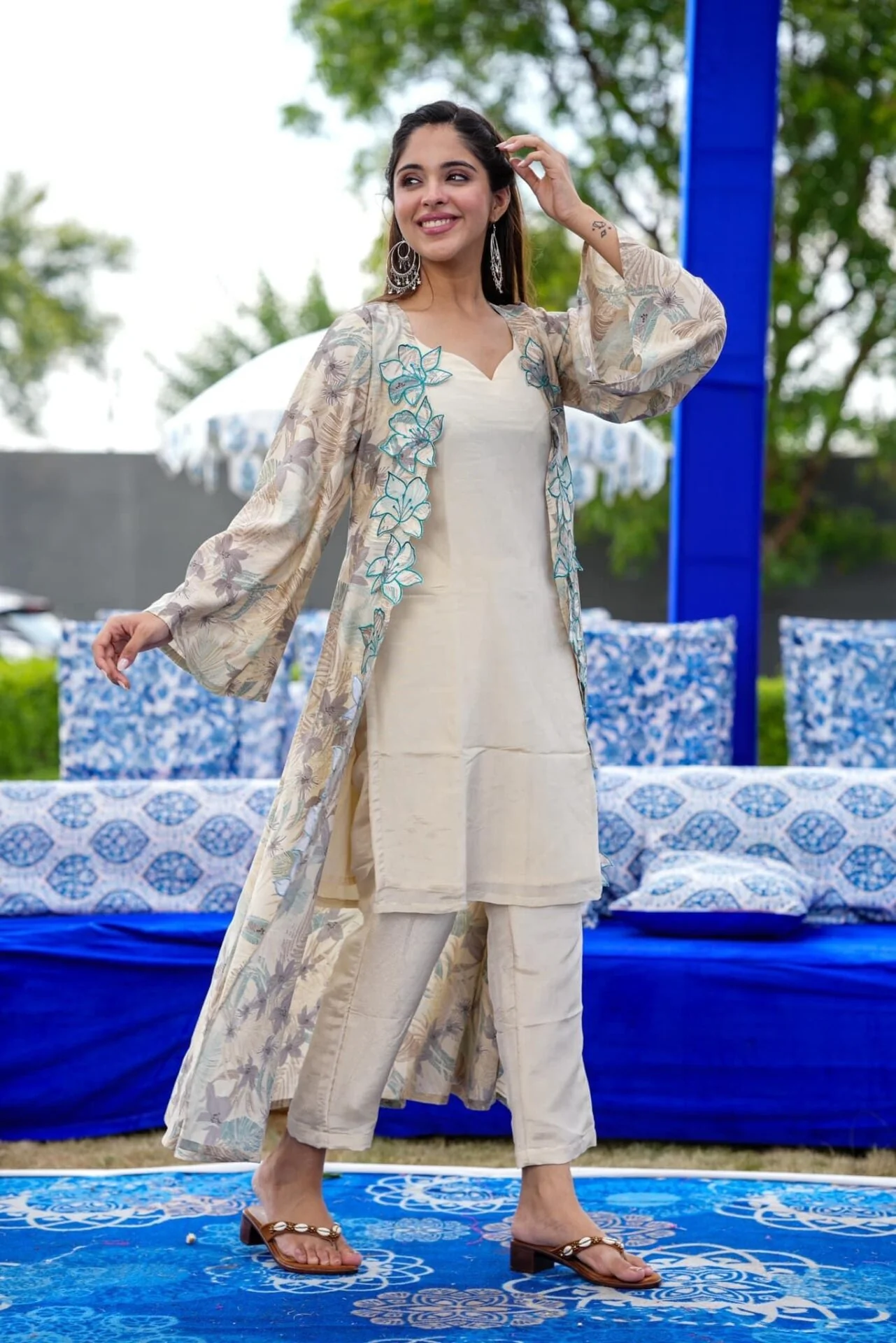 Elegant Ecru Straight Fusion Wear 3 Piece Set - Image 5