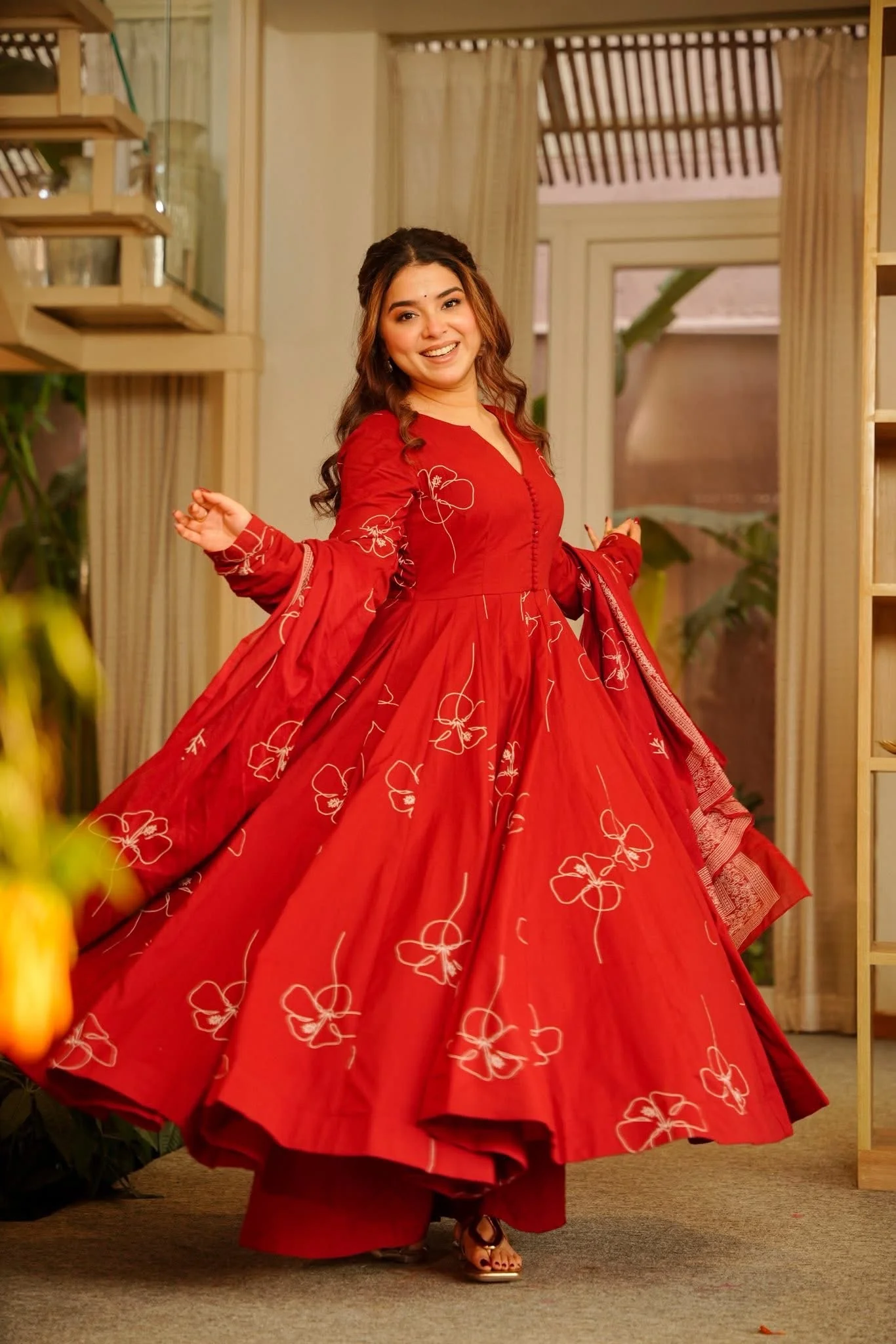 Maithali Red Cotton Anarkali Suit Set - Image 2