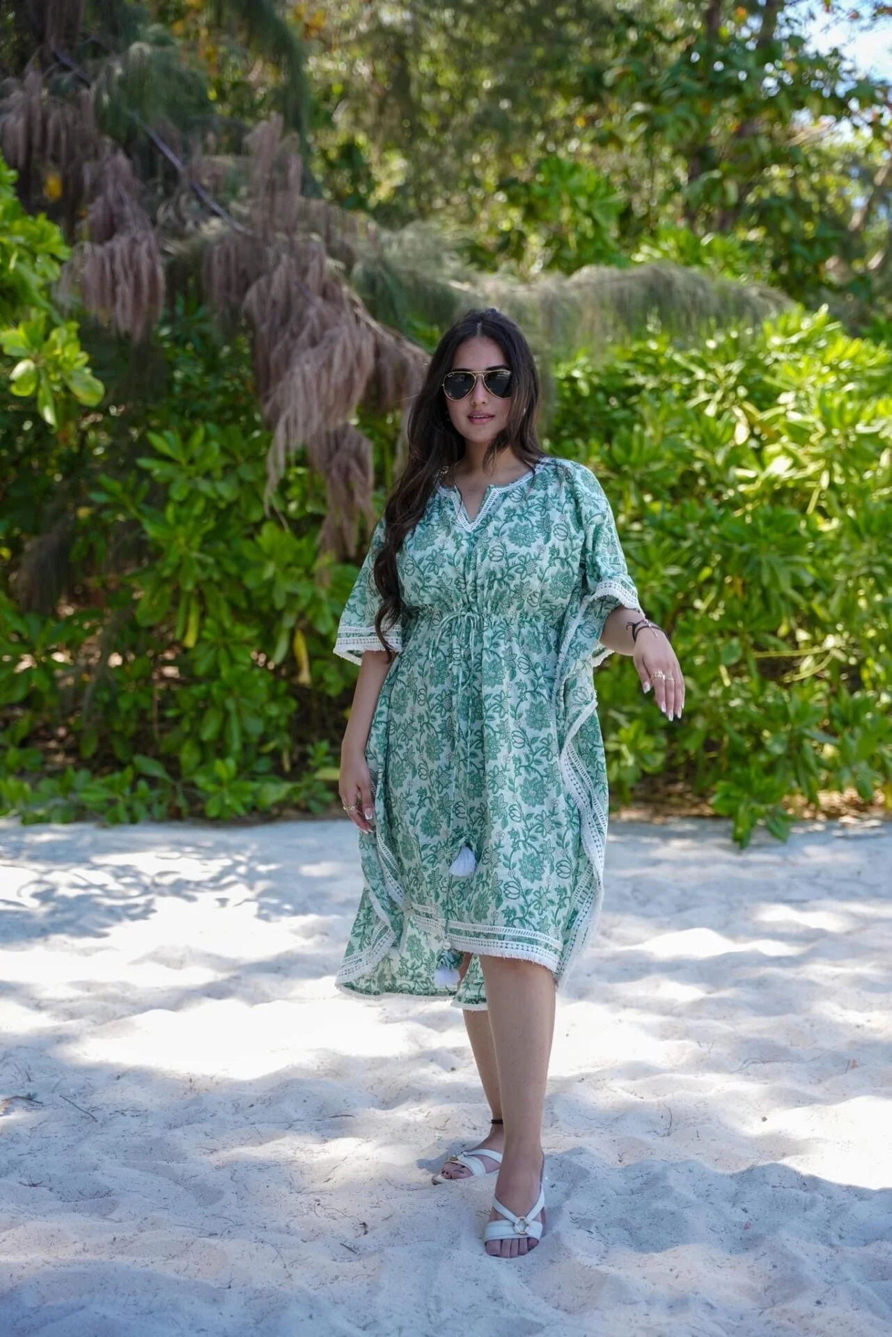 Minty Green Mirage Printed Kaftan Cotton Dress - Image 3