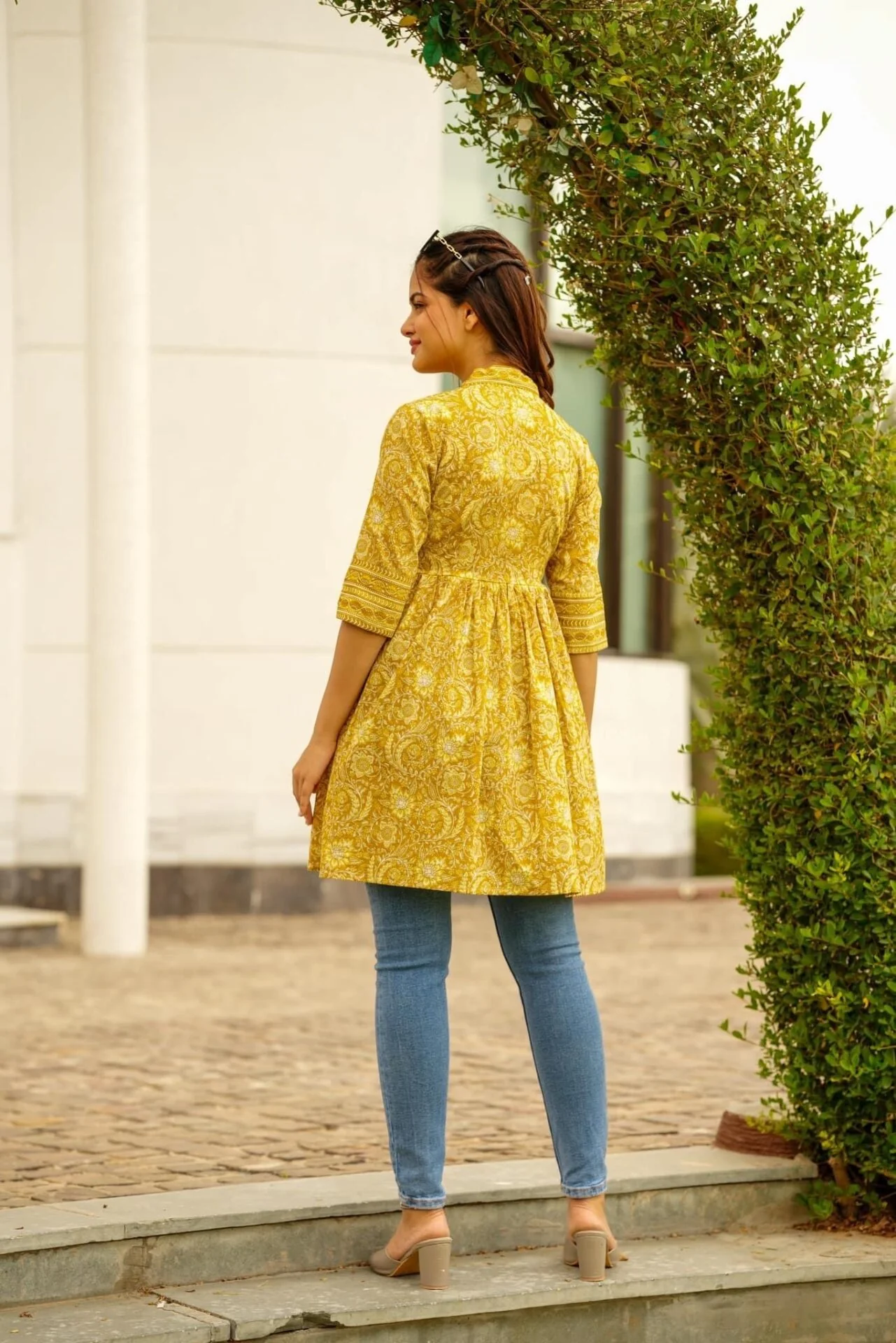Mustard Floral Print Designer Cotton Top for Women - Image 3