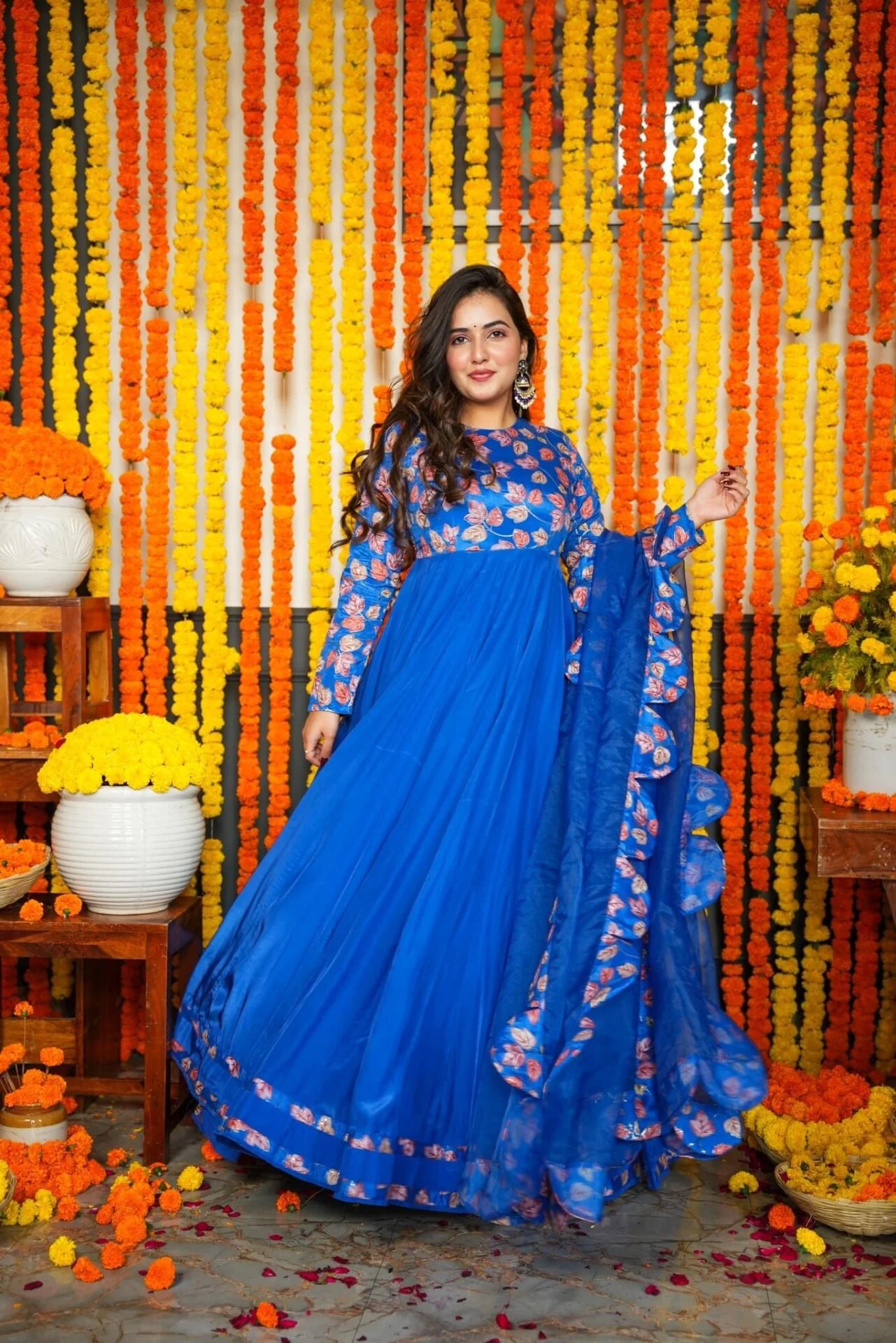 Ridhi Bright Blue Maxi Gown Dress with Organza Dupatta - Image 2