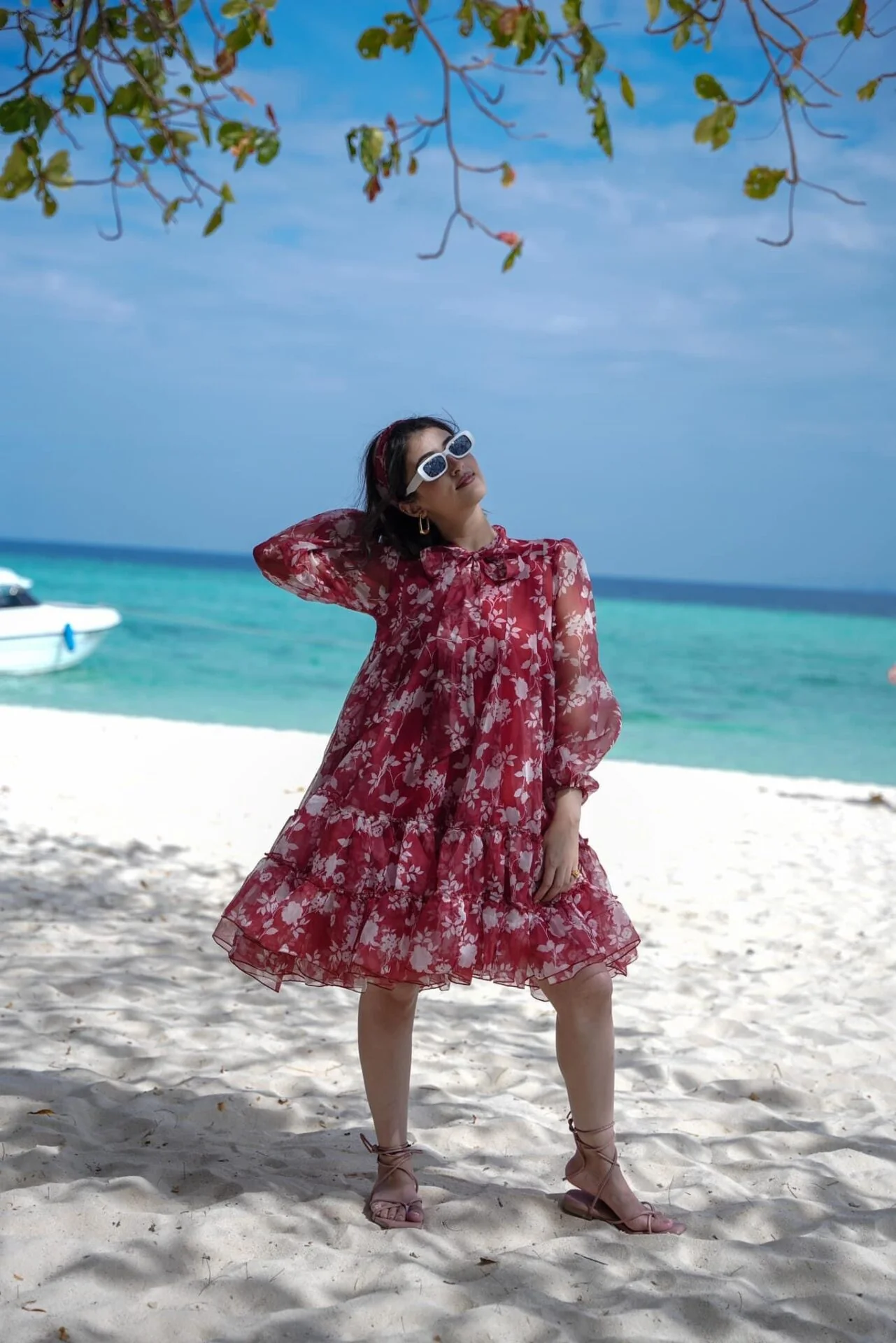 Red & White Ruby Organza Knee-Length Reverie Dress - Image 3