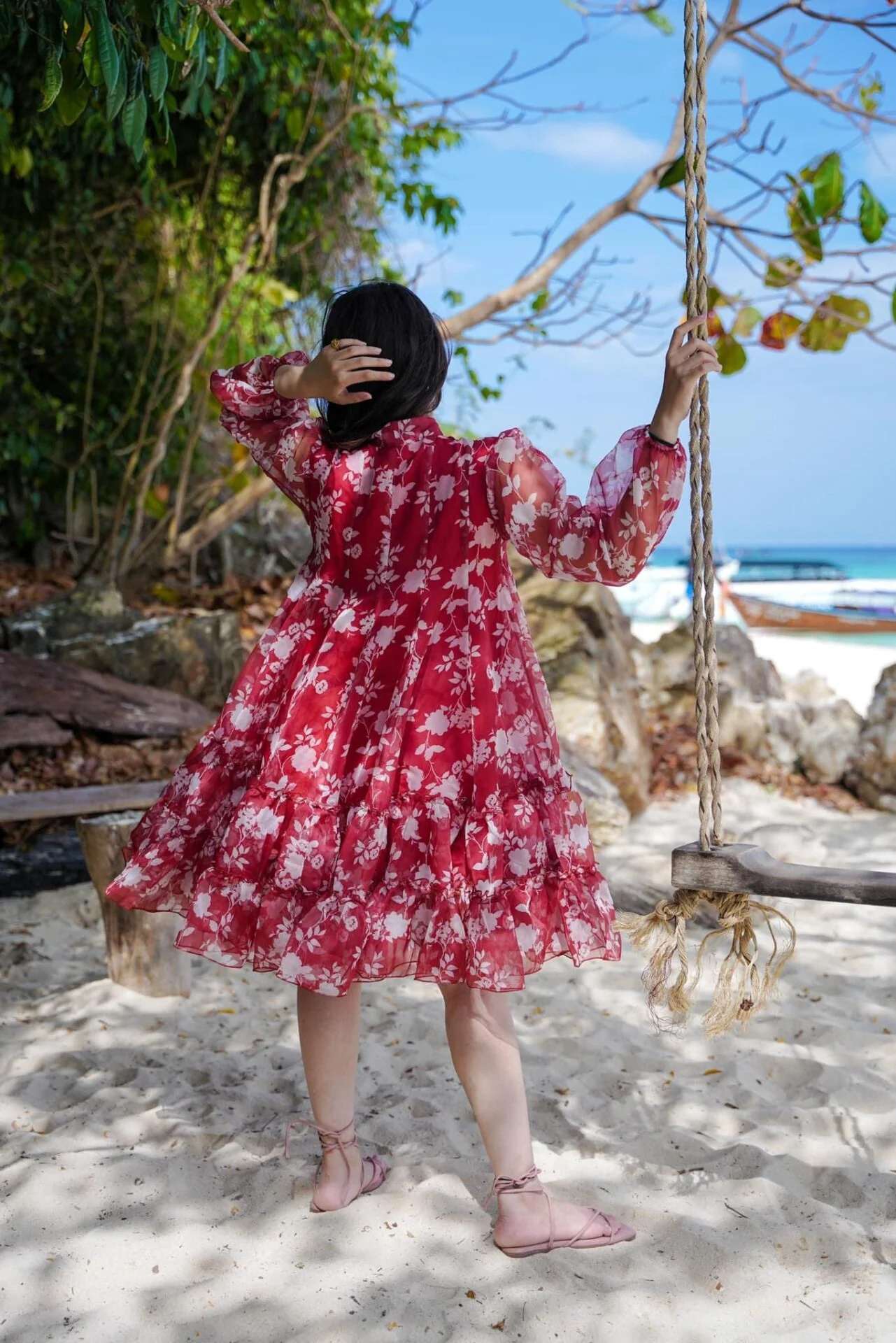 Red & White Ruby Organza Knee-Length Reverie Dress - Image 4
