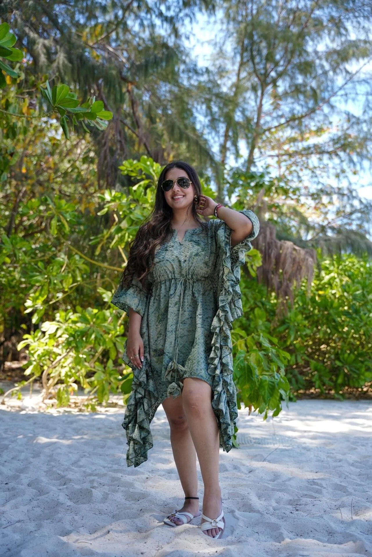 Rustic Green Designer Kaftan Printed Cotton Dress - Image 3
