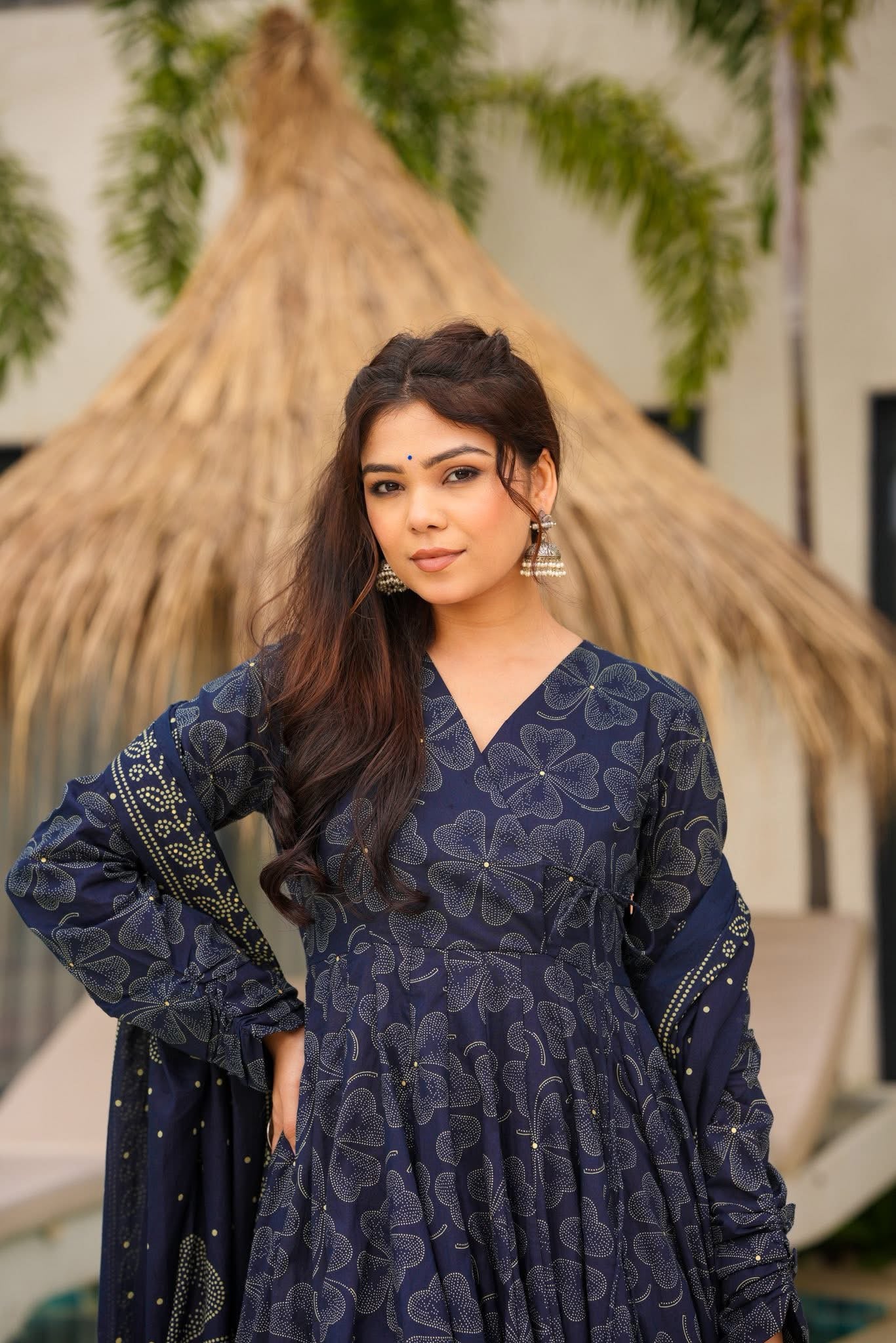 Starlit Navy Blue Cotton Anarkali with Dupatta - Image 6