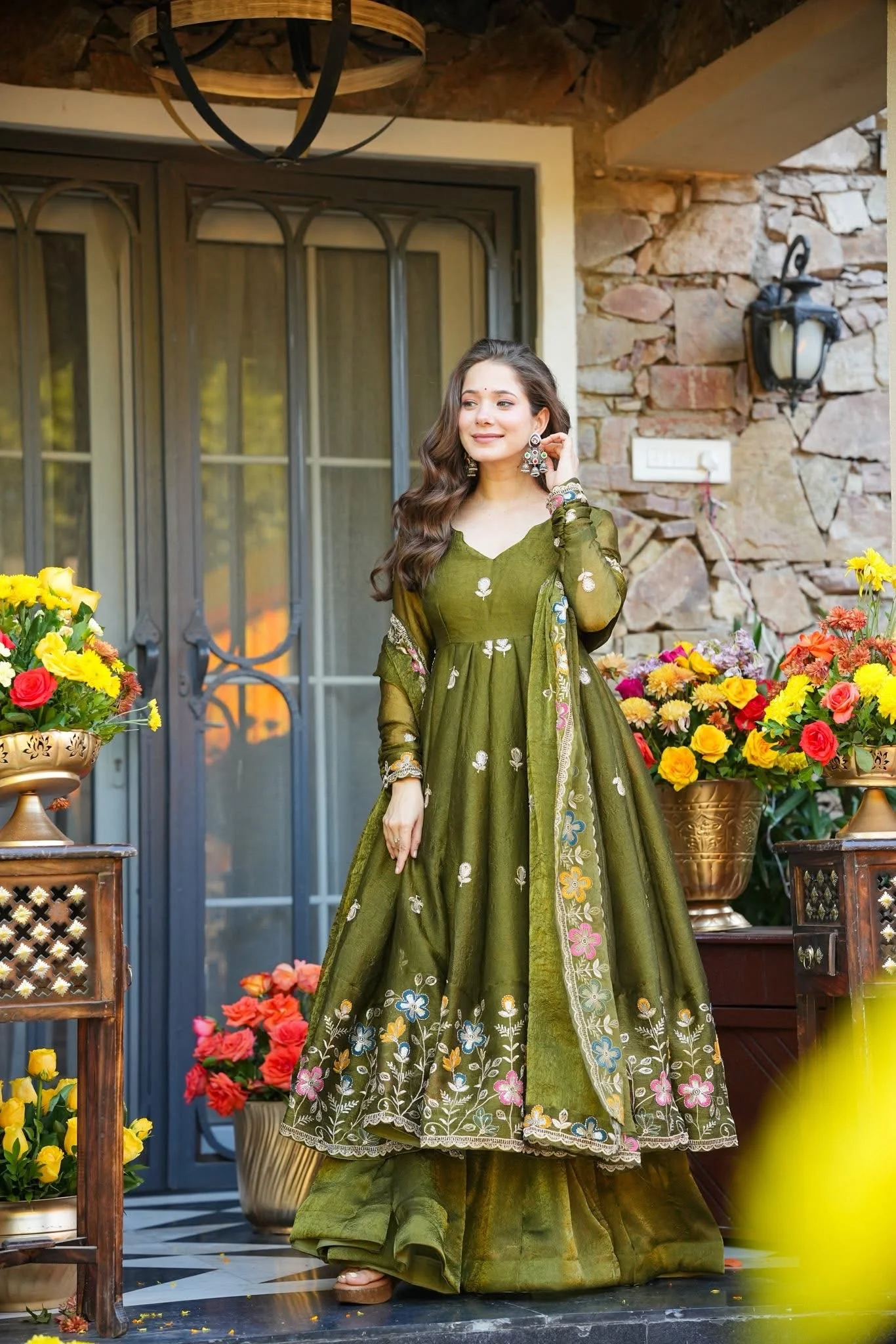 Vatsala Green Organza Anarkali Suit Set - Image 3