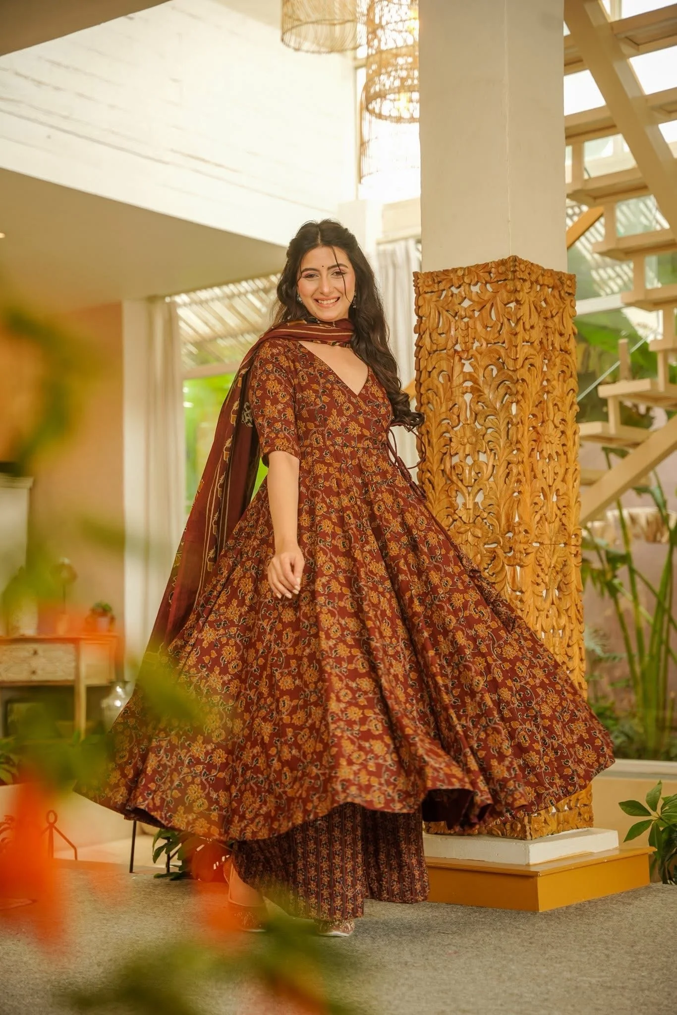 Veda Printed Cotton Anarkali Suit Set - Image 4